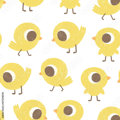 Different cute chicks drawn with crayons, seamless pattern