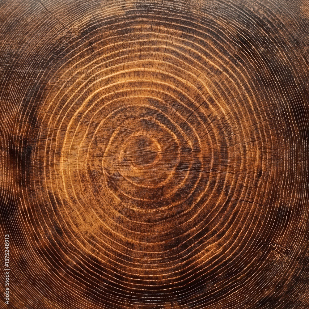Naklejka premium Texture of Time: An intimate, close-up view of a cross-section of a tree trunk, showcasing the concentric rings that chronicle its life, with the deep.