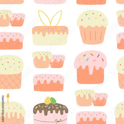 Seamless pattern with various Easter cake painted with crayon