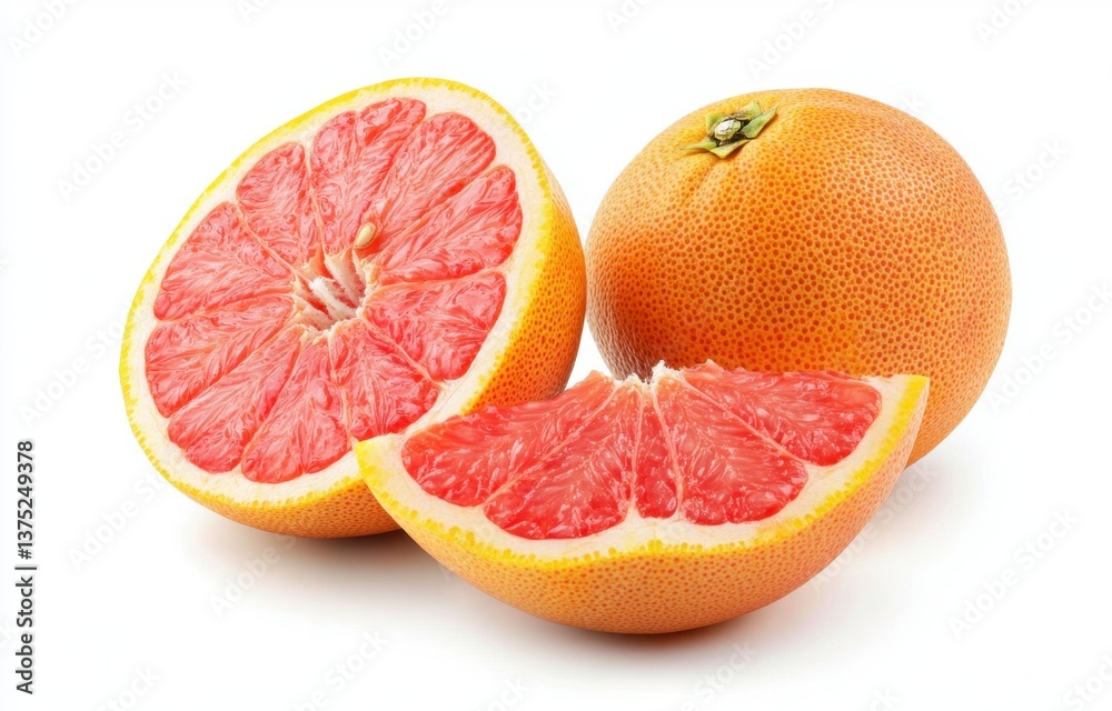 Fresh Grapefruit with Bright Pink Flesh on White Background Fresh Grapefruit with Bright Pink Flesh on White Background