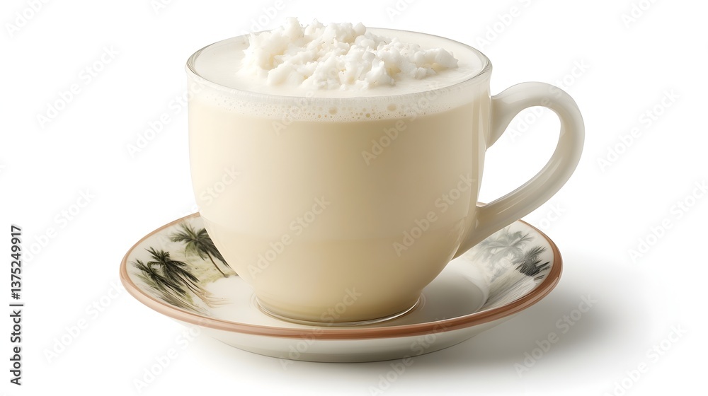 A delicious creamy latte topped with whipped cream sits in a glass mug on a tropical saucer against a white background. A delicious creamy latte topped with whipped cream sits in a glass mug on a tropical saucer against a white background.
