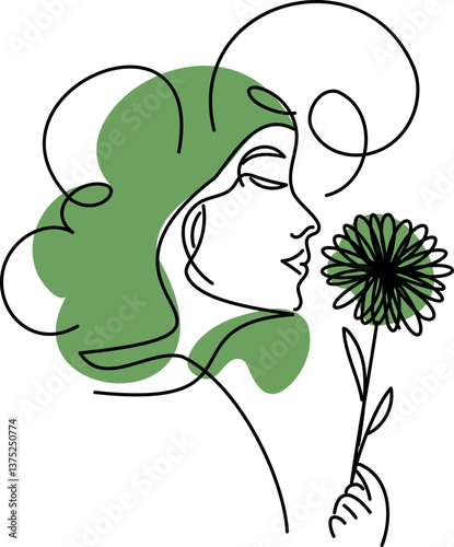 Stylized minimalist drawing of a serene woman holding and smelling a flower, expressing beauty, femininity, and calm nature vibes.