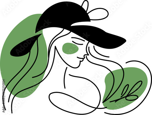 Elegant one-line illustration of a woman wearing a wide-brim hat with flowing hair, capturing grace, style, and feminine beauty.