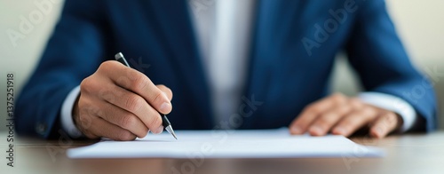 A businessman in a blue suit carefully signs a document with a pen at his desk.