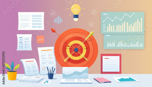 Business strategy concept with a target board, arrows, planning charts, and financial reports. A glowing light bulb symbolizes ideas, innovation, and successful business goal achievement
