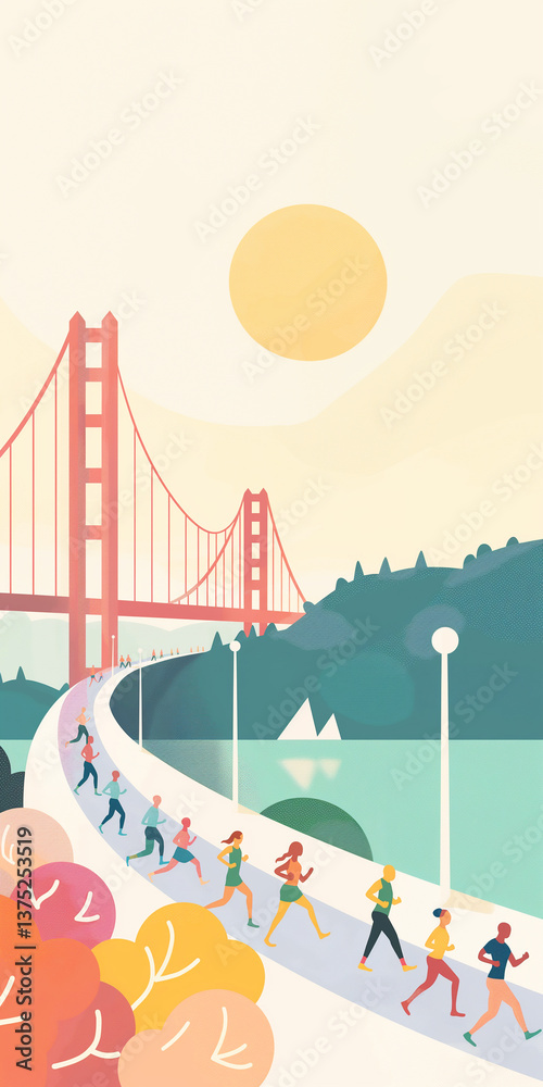 Cute illustrations of people running along in a marathon, peaceful city with bridge