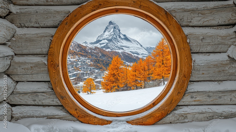 Matterhorn Mountain View Through Wooden Window Matterhorn Mountain View Through Wooden Window