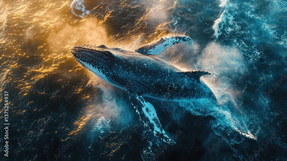 Fototapeta premium Majestic Humpback Whale Breaching at Golden Hour