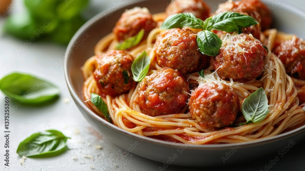 A bowl of spaghetti with meatballs and basil A bowl of spaghetti with meatballs and basil