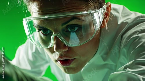 Scientist's Close Study: A female scientist, engrossed in her research, peers intently through protective eyewear against a vibrant green background, highlighting her focus and dedication.