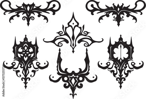 Set of decorative gothic and mystical elements, ornaments, symbols. Hand drawn vector illustration