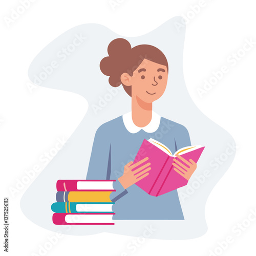 Vector illustration of a young girl with books, teacher, lecturer, student, pupil, simple style, doodle style