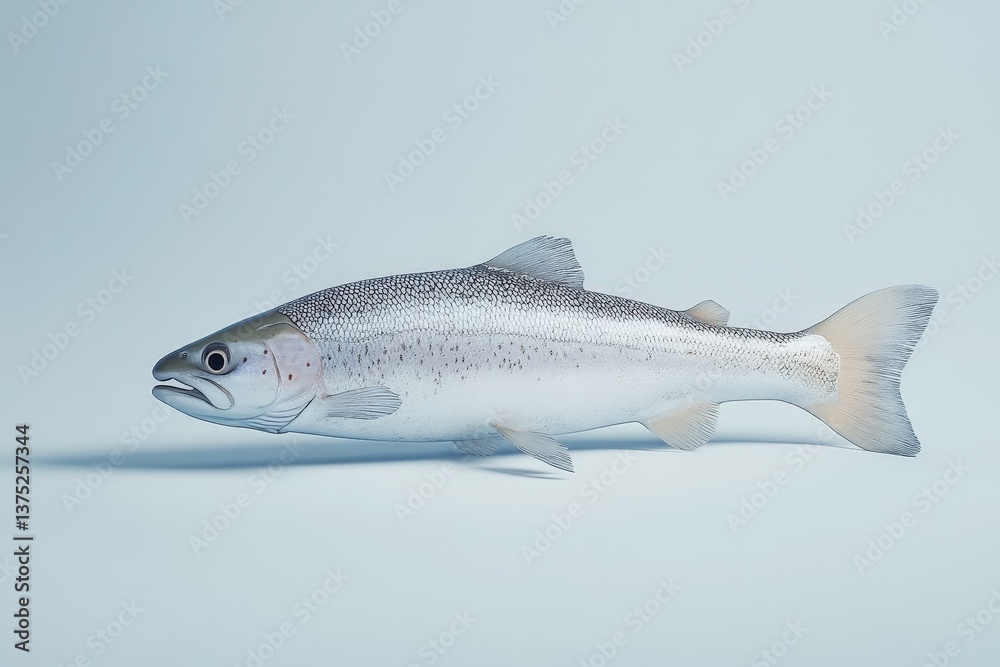 Obraz premium A Silver Fish Lies Isolated Against a Pale Blue Background