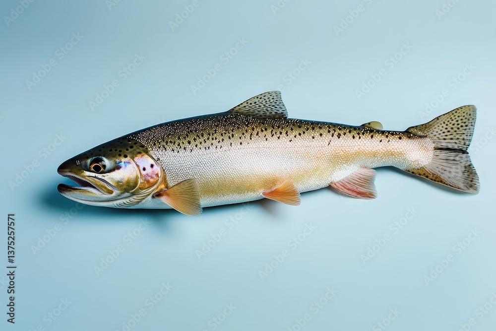 Obraz premium A single salmon fish lying on a smooth blue surface