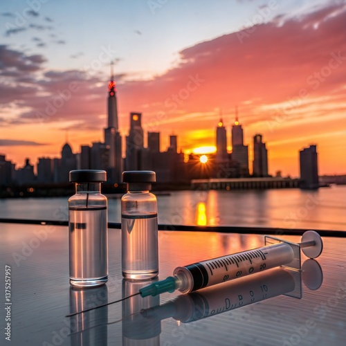 Two Glass Vials and Syringe Against a Vivid Skyline at Sunset or Sunrise