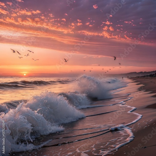 Vibrant Sunset at Beach with Crashing Waves, Birds Silhouetted Against Sky