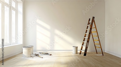 Empty room awaiting renovation.  Fresh paint supplies and ladder in place