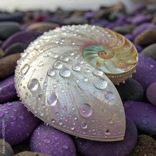 Nautilus Shell with Water Droplets on Colorful Pebbles CloseUp, Natural Light