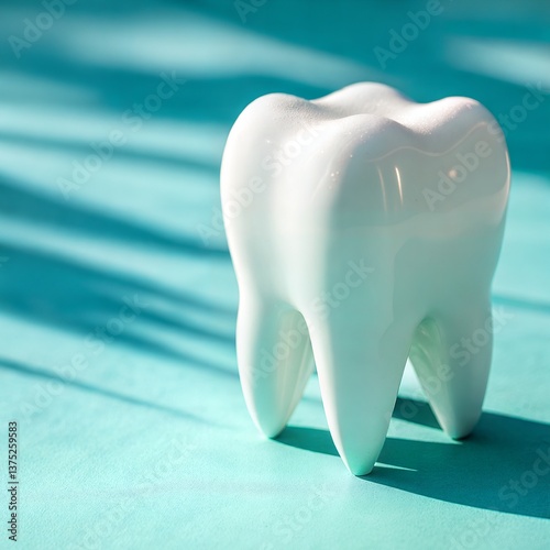 Single Molar on Blue Surface with Sunlight Shadow Details Dental Model CloseUp