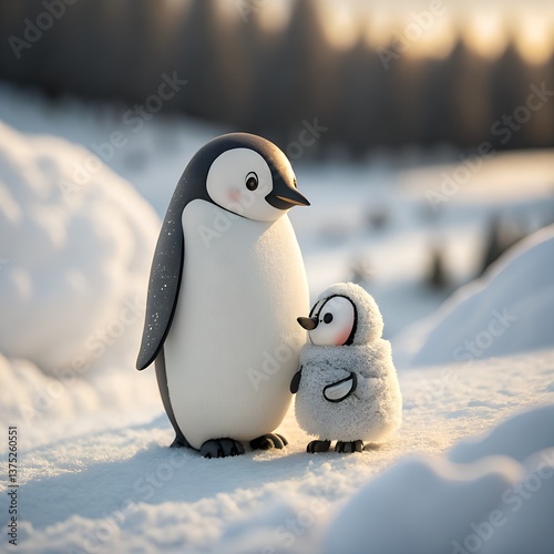 Adorable Cartoon Penguins Pair On Snow, Cute Penguin Chick, Winter Scenery, Outdoors