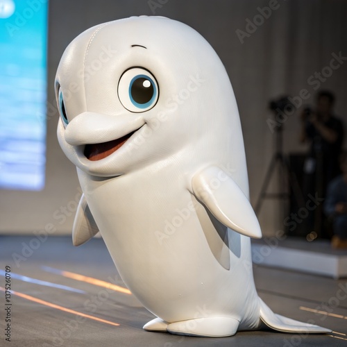 Cheerful White Beluga Whale Mascot Costume with Smiling Face and Big Blue Eyes