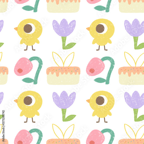 Paschal seamless pattern with Easter cake, chik, spring flowers