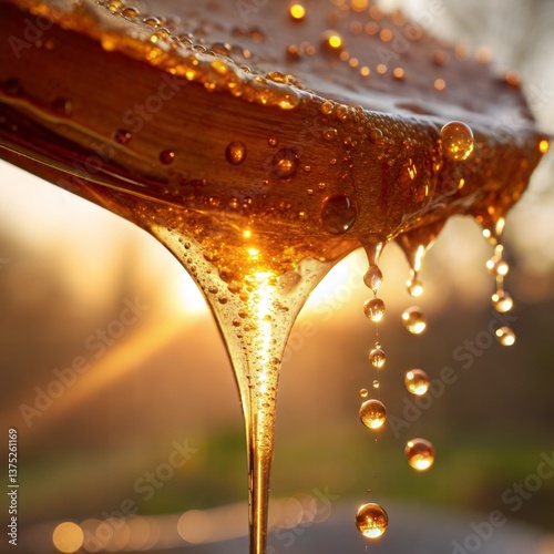 Golden Liquid Flowing with Bubbles and Droplets, Glistening in Sunlight, Detailed Shot