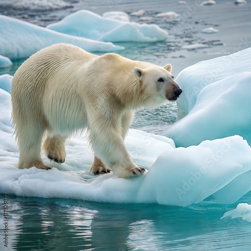 Polar Bear Standing on Iceberg with Turquoise Water and Glacial Landscape
