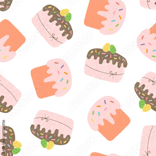 Seamless pattern with various Easter cake painted with crayon
