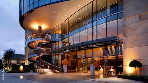 Modern Hotel Entrance with Illuminated Spiral Staircase at Night