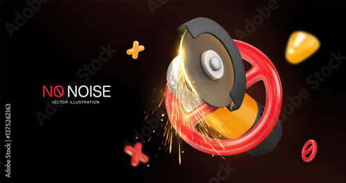 Prohibition angle grinder use. 3D illustration of grinder with prohibition symbols, indicating no loud sounds, no sparks, safety precautions. Hazard and workplace safety. Vector illustration.