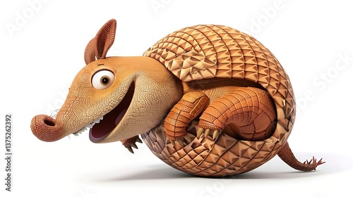 Happy Cartoon Armadillo Curled in Protective Shell Isolated on White Background