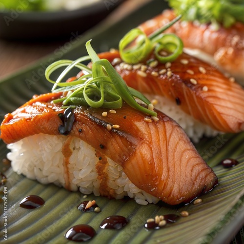 Close up of Fresh Salmon Nigiri Sushi Topped with Scallions on Banana Leaf