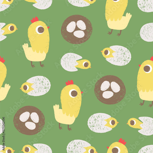Сute seamless pattern with chicks, hens, nest on green background