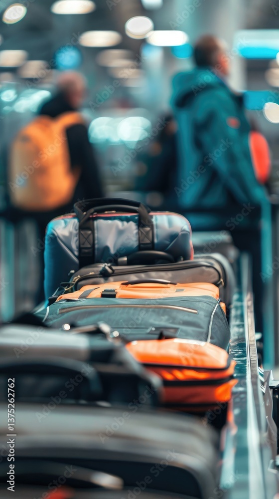 Fototapeta premium Close-up oftravelerplacing bag on conveyobelt at airport securitycheckpoint,showcasingmeticulous securityprocess with focus on bagand conveyor belt.