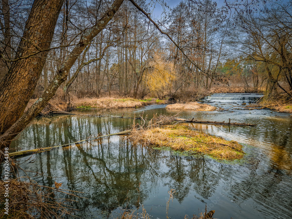 The Warta River and its tributaries, early spring, Poland.