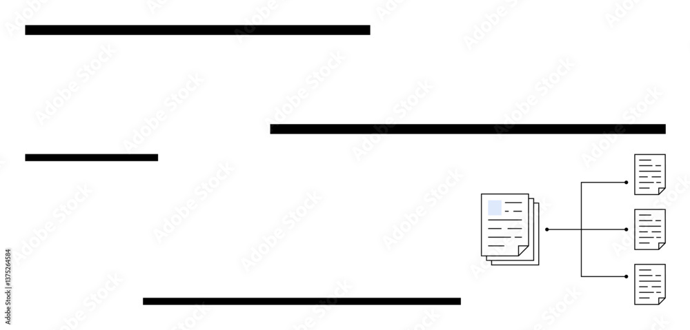 Stack of documents linked by lines forming a hierarchy layout on minimal design. Ideal for workflow, organization, data hierarchy, process management, team structures, content workflows, flat simple Stack of documents linked by lines forming a hierarchy layout on minimal design. Ideal for workflow, organization, data hierarchy, process management, team structures, content workflows, flat simple