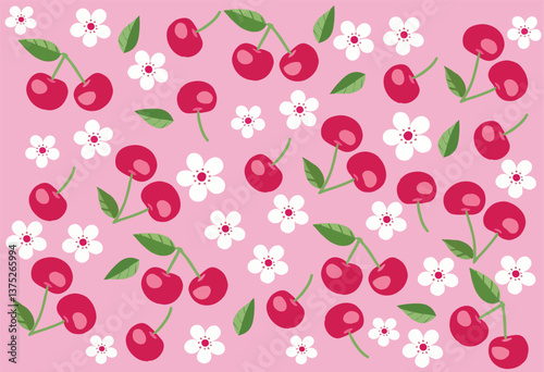 Wallpaper Mural A seamless pattern featuring bright red cherries with green leaves ,Seamless pattern, floral print, seamless pattern, surface design, textile design Torontodigital.ca