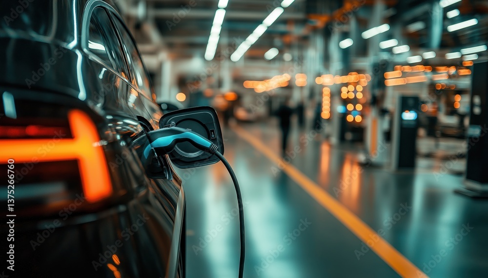 Obraz premium FutureTech Electric Car Charging in Modern Factory - Sustainable Auto Production