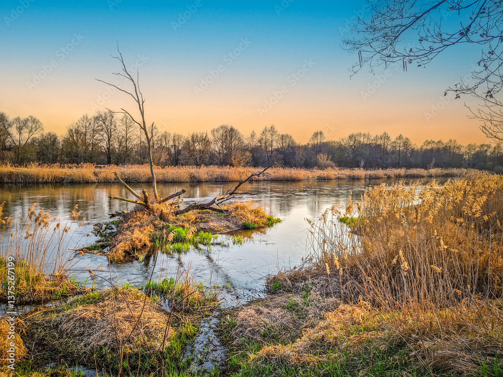 The Warta River and its tributaries, early spring, Poland.