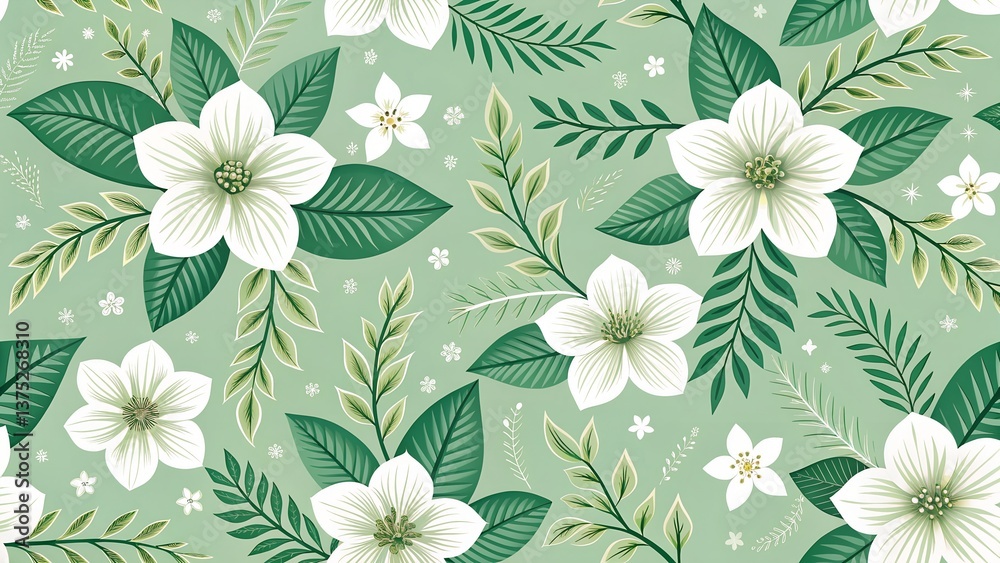 seamless floral pattern featuring white flowers with five petals and green leaves of varying shapes on a light green background, ideal for wallpaper, fabric, gift wrapping, crafting, and digital art seamless floral pattern featuring white flowers with five petals and green leaves of varying shapes on a light green background, ideal for wallpaper, fabric, gift wrapping, crafting, and digital art