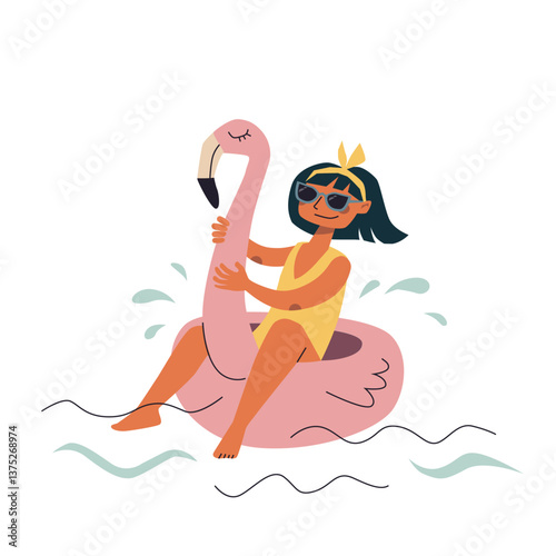 Funny girl floats on the waves on an inflatable flamingo. Cute stylish young woman swims in the sea and enjoys vacation. Summer vibe and rest. Vector illustration in a flat style.