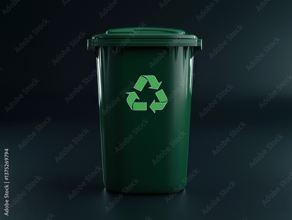 A green recycling bin is prominently displayed against a dark background, featuring the recognizable recycling symbol. A green recycling bin is prominently displayed against a dark background, featuring the recognizable recycling symbol.