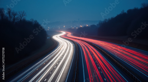 Glowing light streaks on a futuristic city highway at night, capturing the speed and lively movement of modern urban transportation.