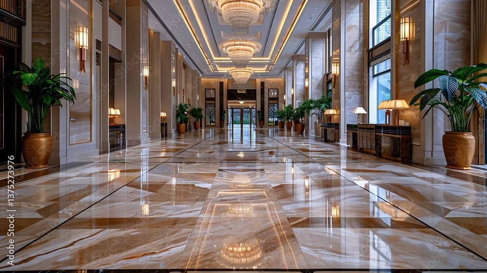 Obraz premium Luxurious Hotel Lobby Interior Design Elegant Marble Flooring and Crystal Chandeliers