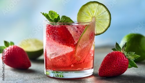 Strawberry Lime Fizz- A sparkling drink made with fresh strawberries, lime juice, and soda water
