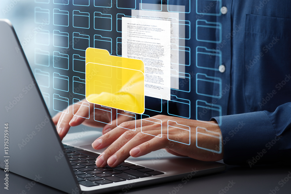 Document management system DMS and archival storage. Folder icons and text document files. Businessman using laptop computer to save documents backup folder.