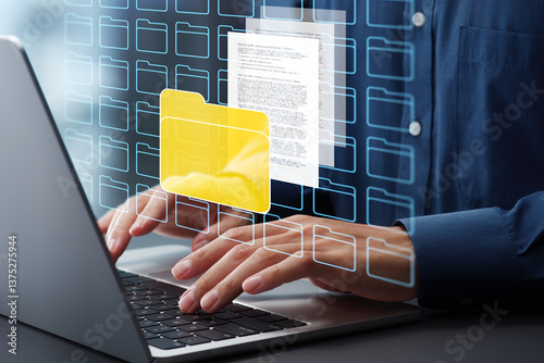 Obraz na płótnie Document management system DMS and archival storage. Folder icons and text document files. Businessman using laptop computer to save documents backup folder. w salonie