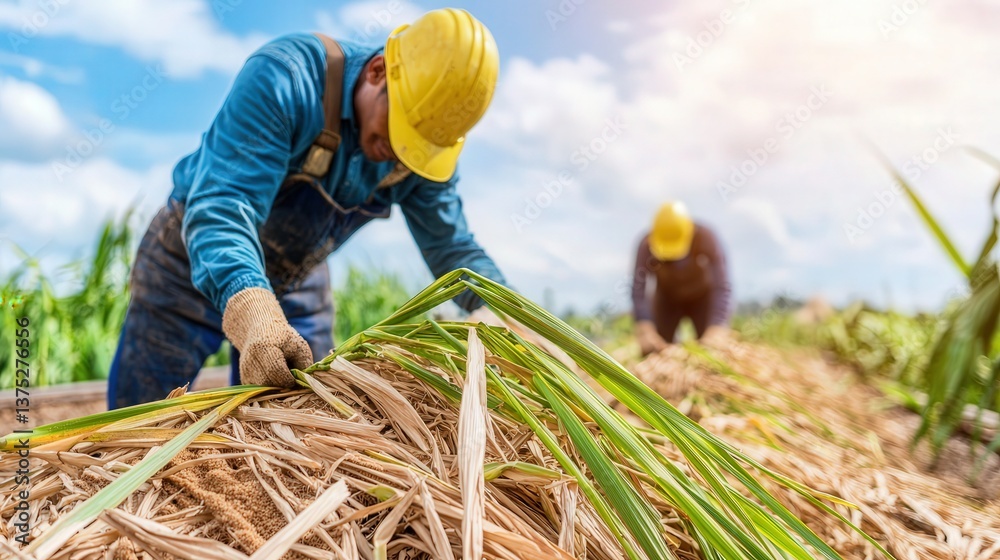 Workers harvesting sugarcane under a sunny sky, showcasing agricultural labor and the lush green landscape. Workers harvesting sugarcane under a sunny sky, showcasing agricultural labor and the lush green landscape.