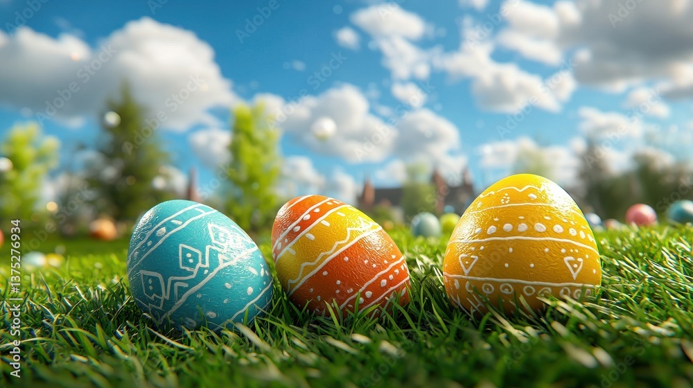Fototapeta premium Vibrant painted Easter eggs nestled in the lush green grass against a serene backdrop of a blue sky and fluffy clouds creating a picturesque springtime scene